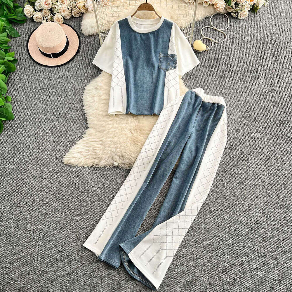 2026 summer design loose fit denim patch rhinestone round neck short sleeved top wide leg a18 pants set