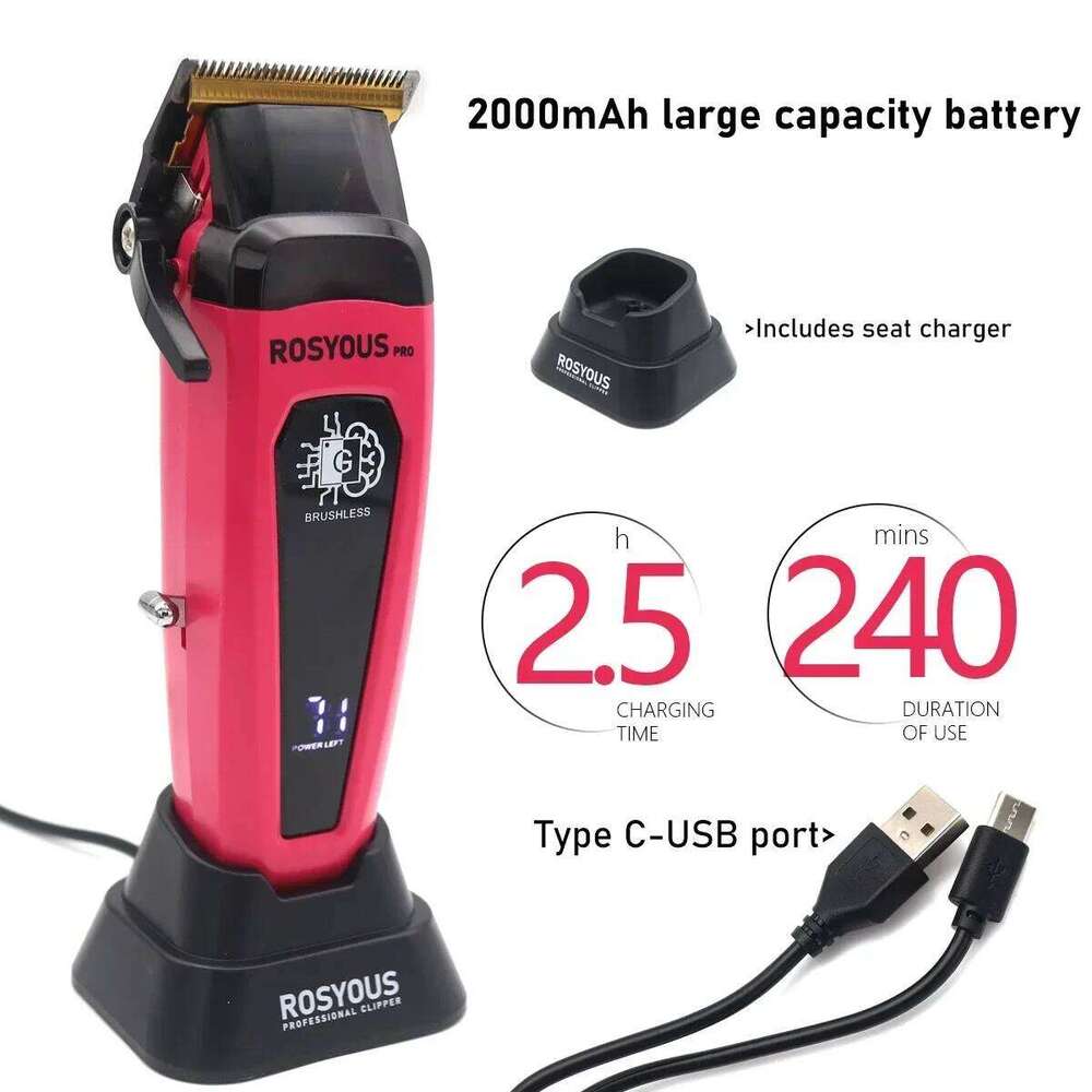 Professional Clipper ROSYOUS Brushless Motor 7500 RPM DLC Blade LED Display, Fast Charging Stand Hair Cutting Machine C260312