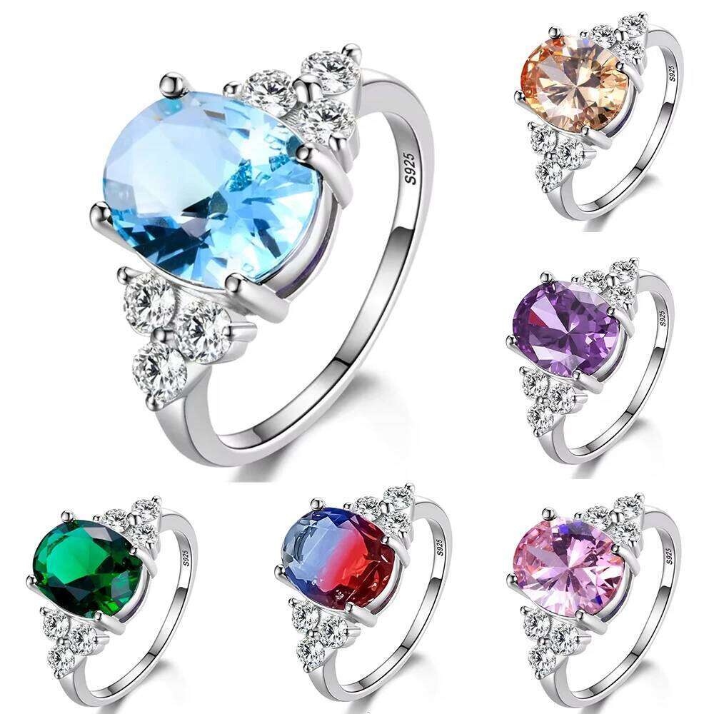 925 Silver Red Zircon Ring With Multicolored Stone Oval Shape Engagement Jewelry Rings For Women H260312