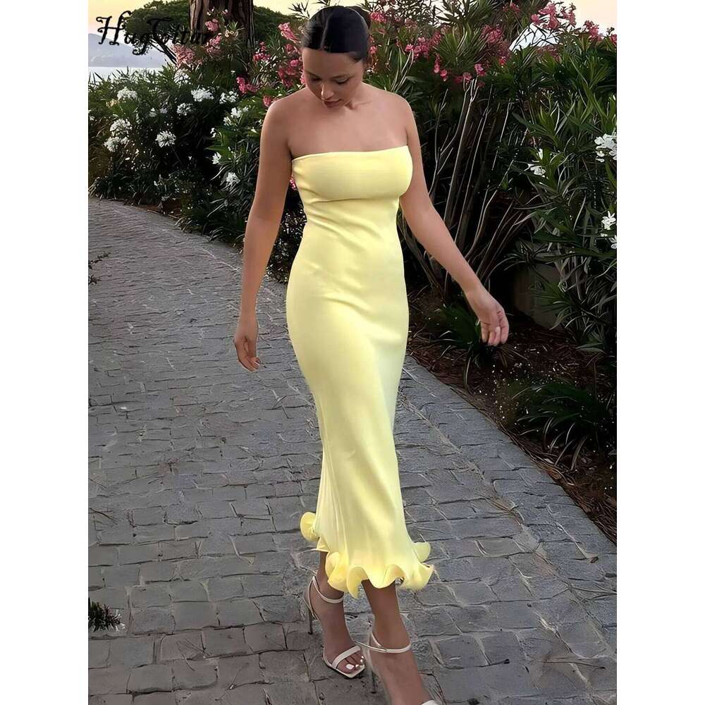 Hugcitar Elegant Solid Strapless Ruffles Sexy Bodycon Maxi Prom Dress Summer Women Fashion Y2K Outfit Birthday Party Festival C260311
