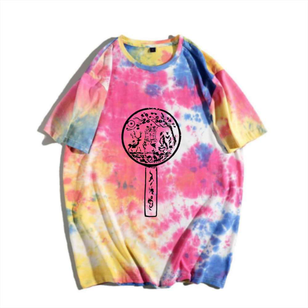 China-Chic New Chinese Bronze Mirror Pattern Tie Dyed Short Sleeve T-shirt Rainbow Gradual Change Traditional Character Rubbings Printed Men Summer Ve