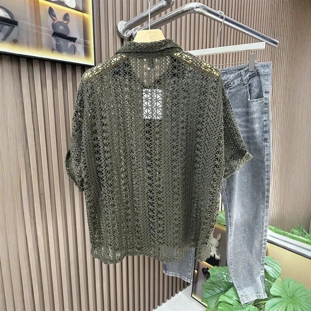 Mens Knitted Hollow Short-Sleeved Shirt American Retro Fashion Trend Simple Loose Breathable Vacation Summer Mens Tops 260311