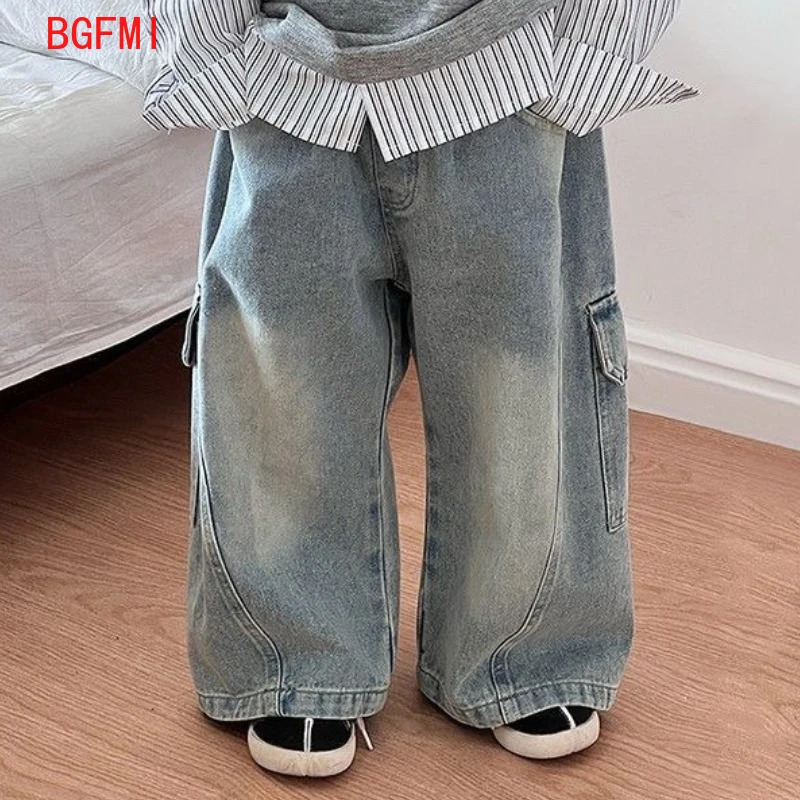 Korean Childrens Jeans Loose Straight Pants Wide Leg Cargo for Boys Girls Spring Autumn Kids Denim Pocket Trousers 260311