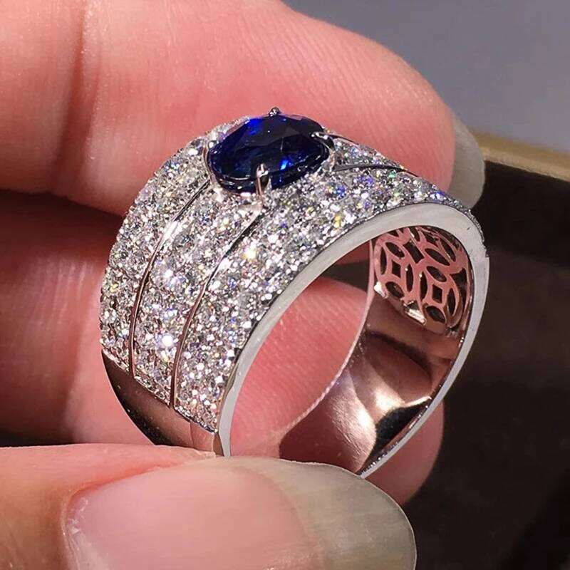 Huitan Sparkling Women Rings with Oval Blue CZ Wide Band Gorgeous Wedding Accessories Silver Color Brilliant Fashion Jewelry H260312