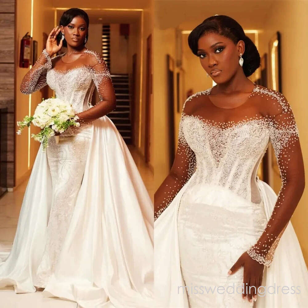 Fashion Wedding Dresses O Neck Beading Bridal Gowns with Detachable Train Mermaid Rhinestone Long Sleeves Customized Bride Vestidos De Novia Plus Size