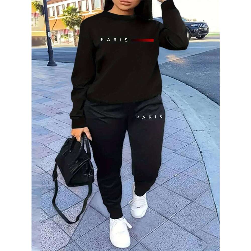 Women's autumn and winter hip-hop casual street fashion Paris letter printed round neck sports shirt+sports pants warm suit C260312