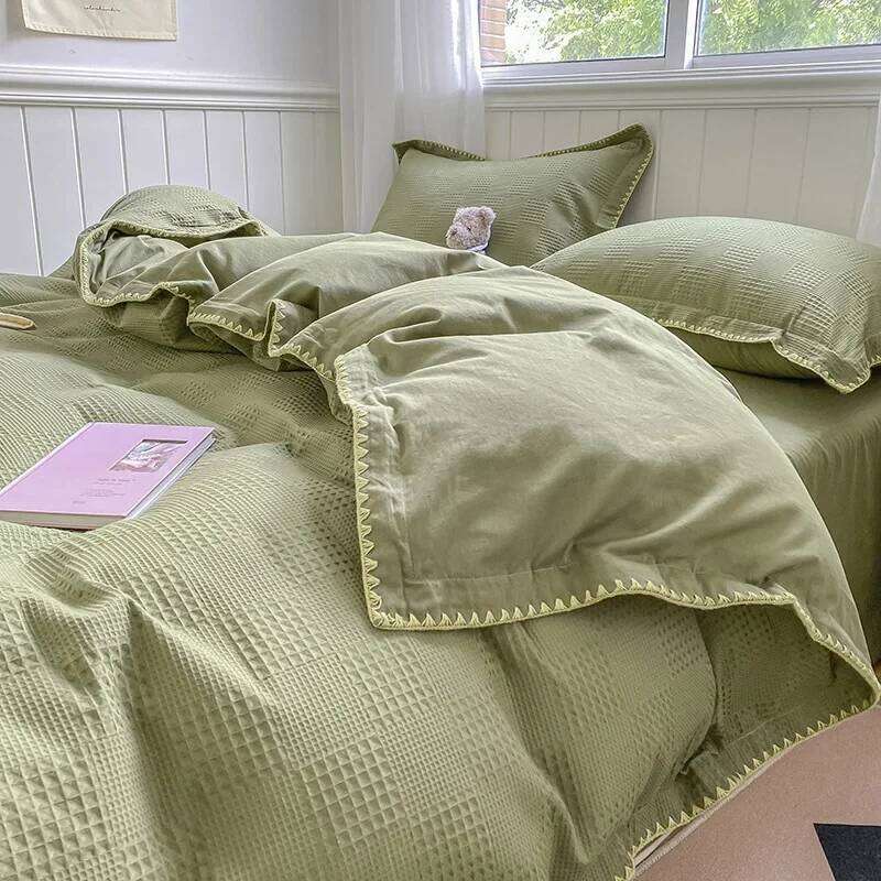Class A Waffle Jacquard Four Piece Set with 100 Thread Count Washed Pure Cotton Bed Sheet and Quilt Cover H260312