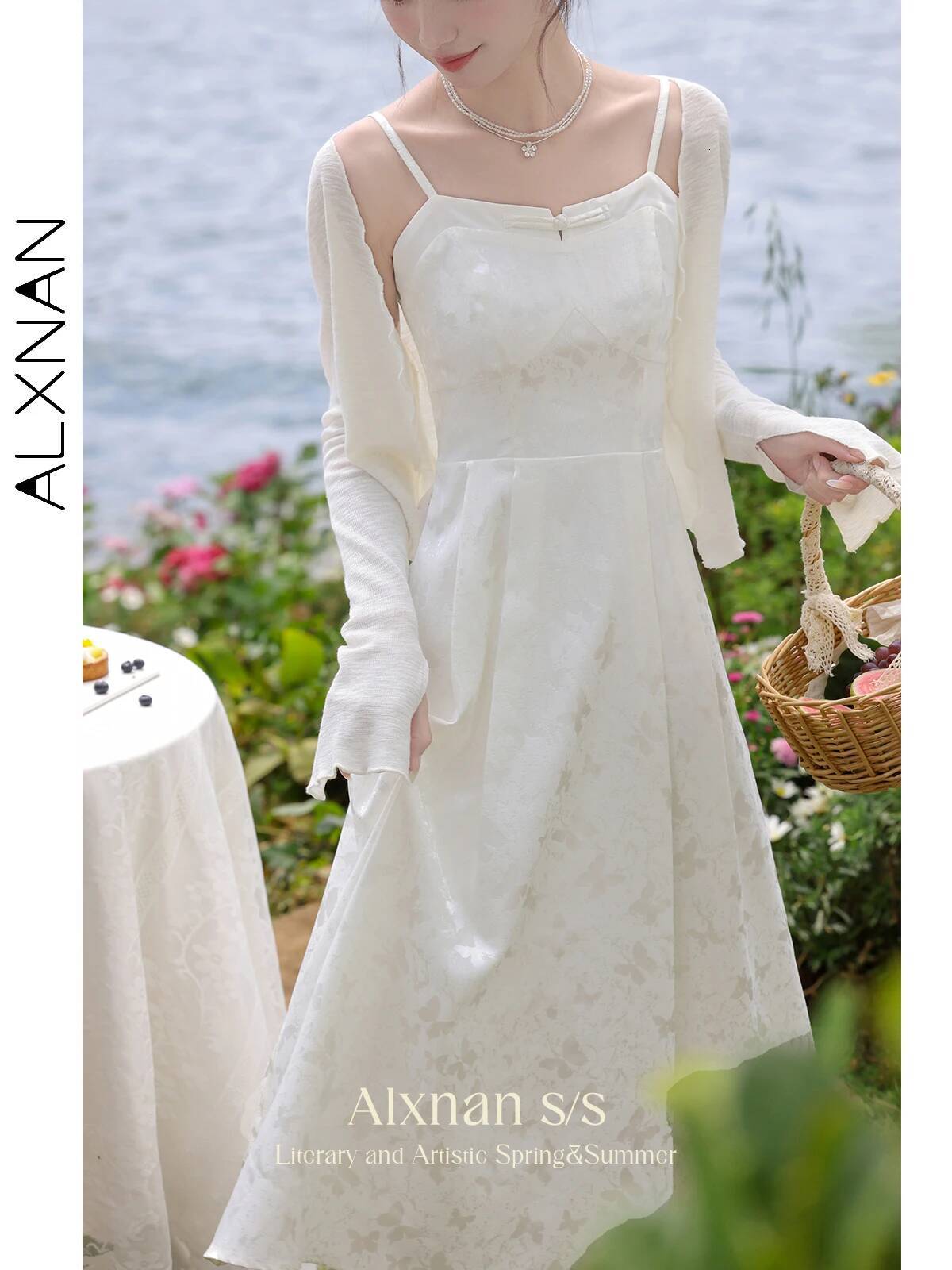 ALXNAN Strap Printed Dresses for Women 2026 Sleeveless A-line Midi Elegant Dress Holiday Beach Fashion Female Clothing L37703
