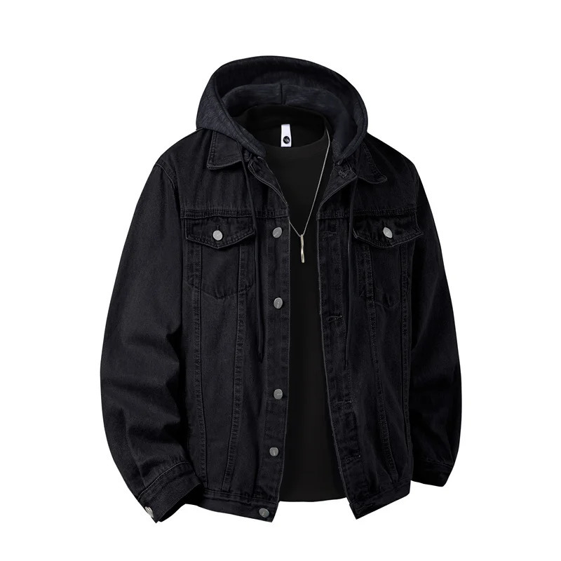 Autumn Winter Hooded Denim Jackets Men Casual Streetwear Outerwear Solid Color Loose Couple Denim Coats Hat Detachable Jacket 260304