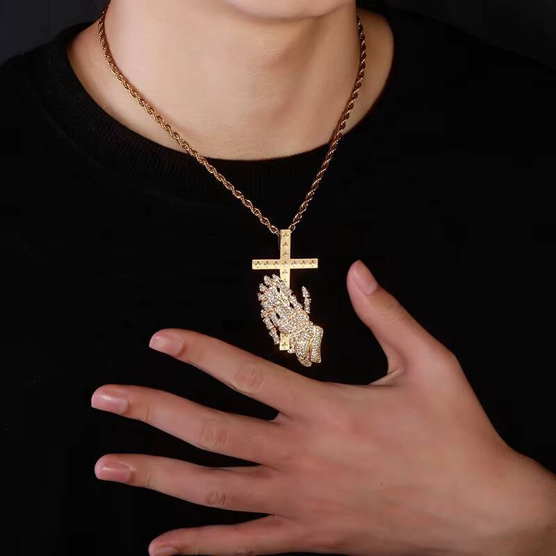 silverS925 Hip Hop Moissanite Crucifix Charm Necklace Praying Hand Cross Pendants Men Women Rapper Christian Fathers Day Gift