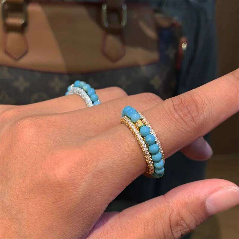 Vintage Inlaid Natural Turquoise Women Fashion Elegant Exquisite All-match for Daily Use Index Finger Ring Jewelry Gift H260312