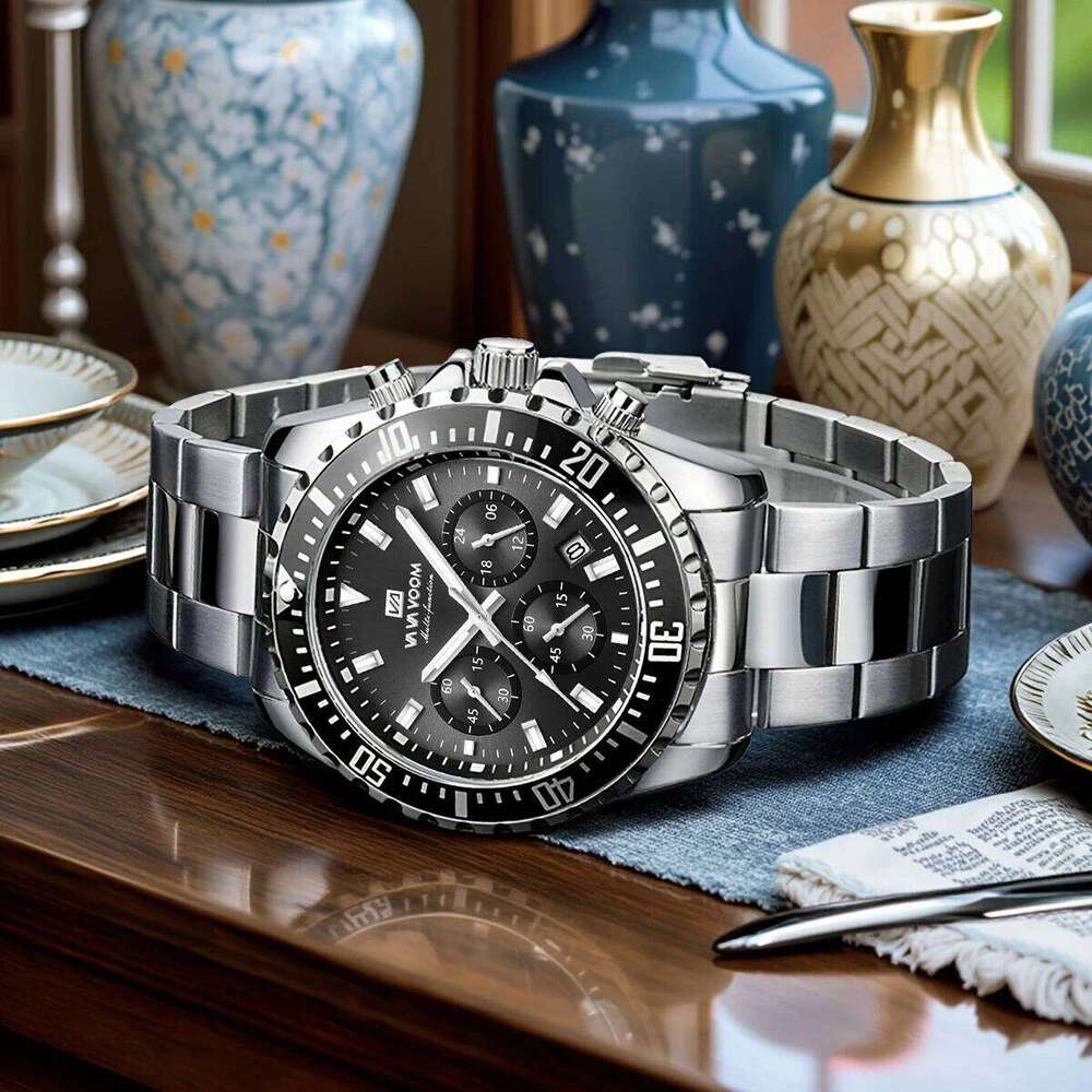 VA VOOM Brand Top 1Pc Multifunctional Fashionable Dial Green Gold Stainless Steel 3Bar Timing Watch for Men