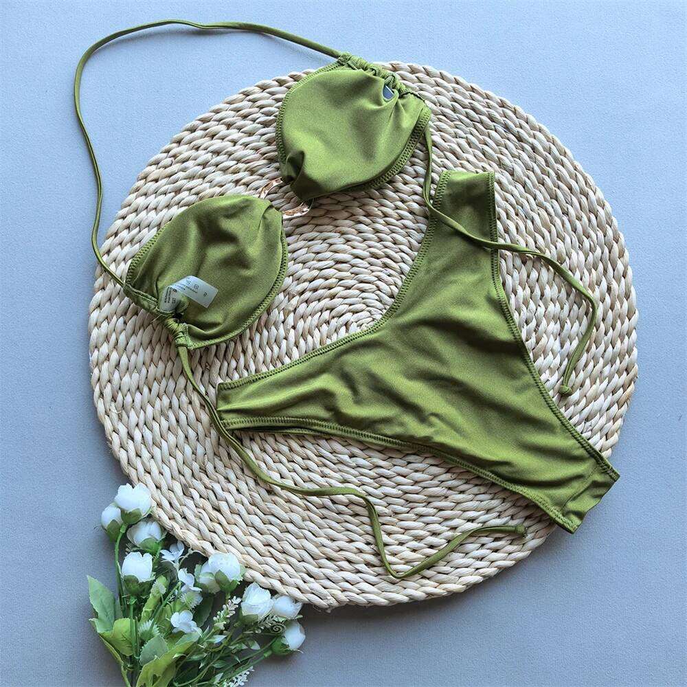 Para Praia Irregular Metal Ring Bikini Set 2025 Push Up Women Swimsuit Split Swimwear Summer Brazilian Beachwear Y260303