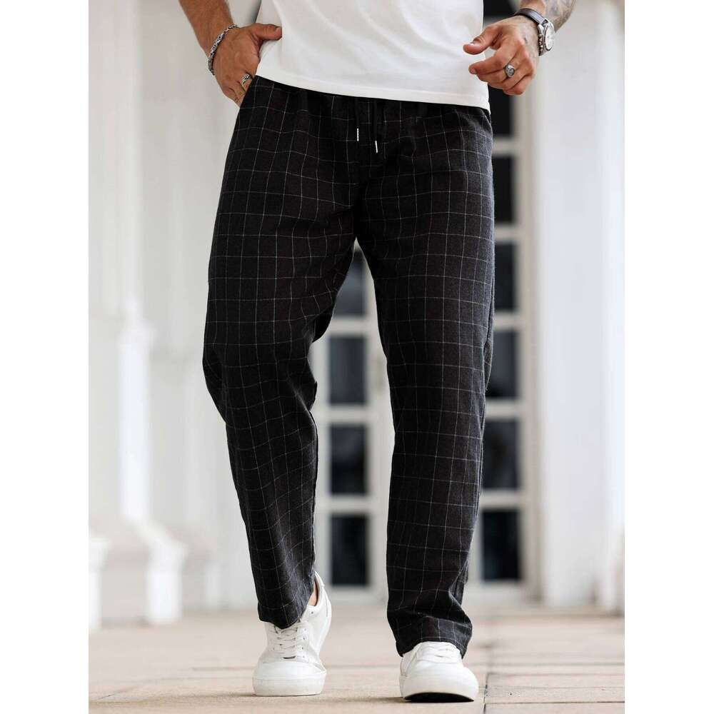 Mens Plaid Pants Solid Color Casual Straight-Leg Trousers Slim Fit Versatile Daily Home Pajamas for Travel And Holidays