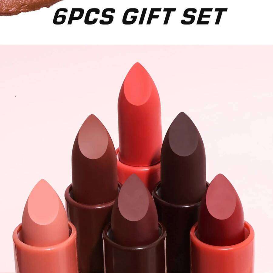 6Pcs Gift Box Velvet Kit Lips Makeup Nude Stick Nonstick Cup Waterproof Lipstick Set Foggy Matte Lip Balm W260311