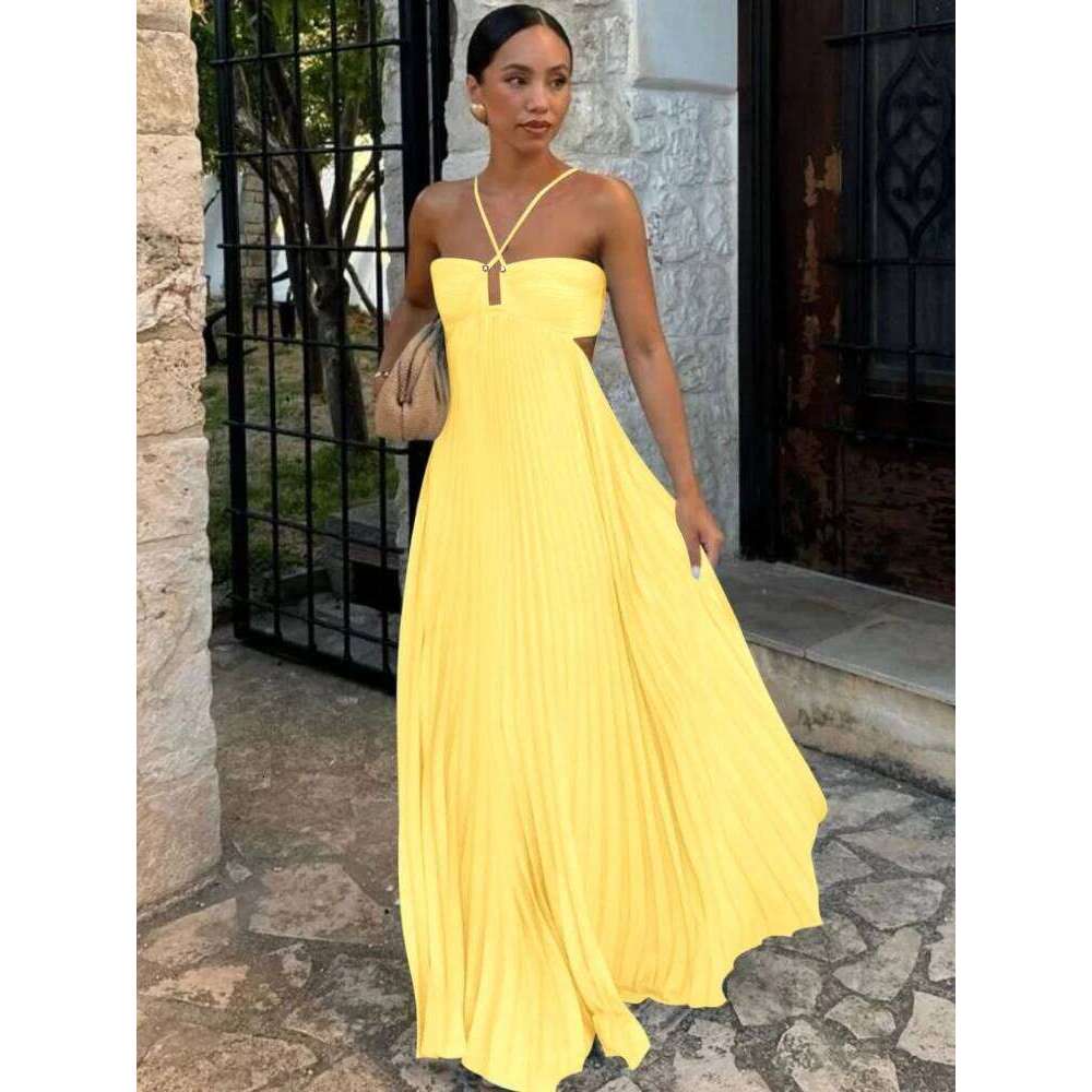 2025 New Women's Fashionable and Summer Camisole Beach Vacation Elegant Backless Pleated Long Dress C260311