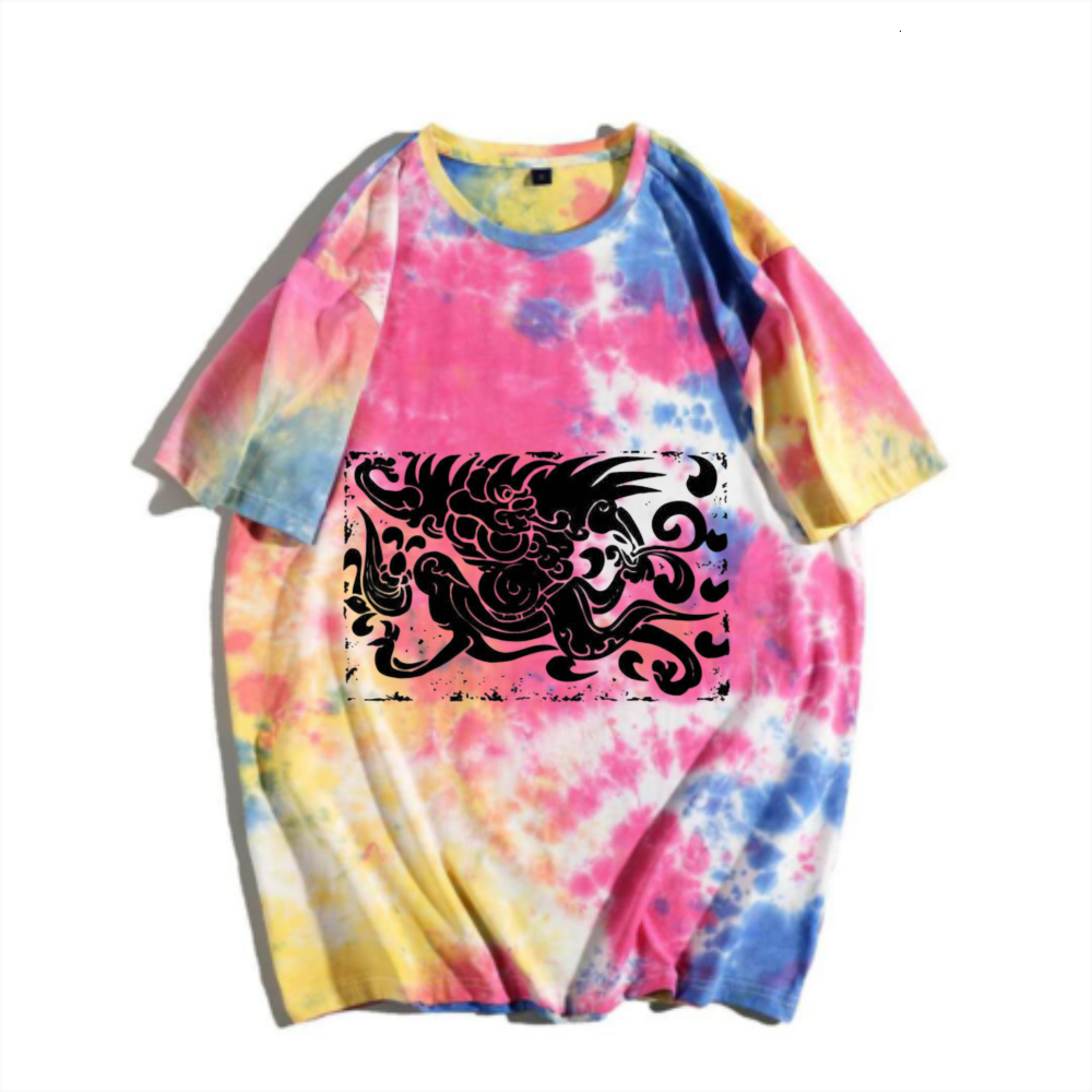 China-Chic New Chinese Traditional Auspicious Beast Tie Dyed Short Sleeve T-shirt Rainbow Gradual Change Vintage Beast Pattern Print Men's Summer