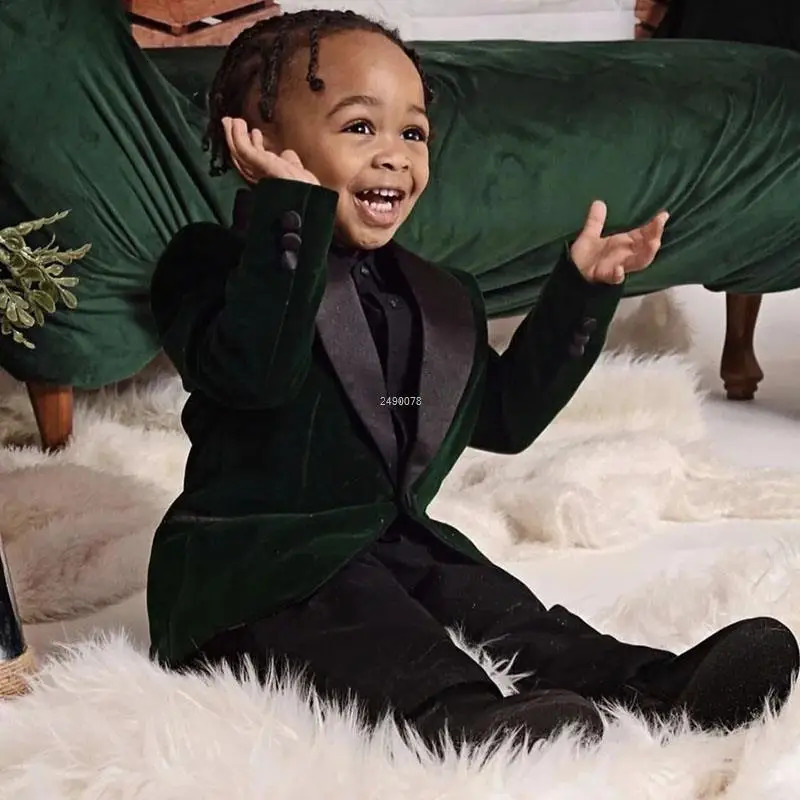 Kids 1 Year Birthday Dress Baby Boys Green Velvet Blazer Jacket Pants Pograph Suit Children Wedding Performance Party Wear 260311