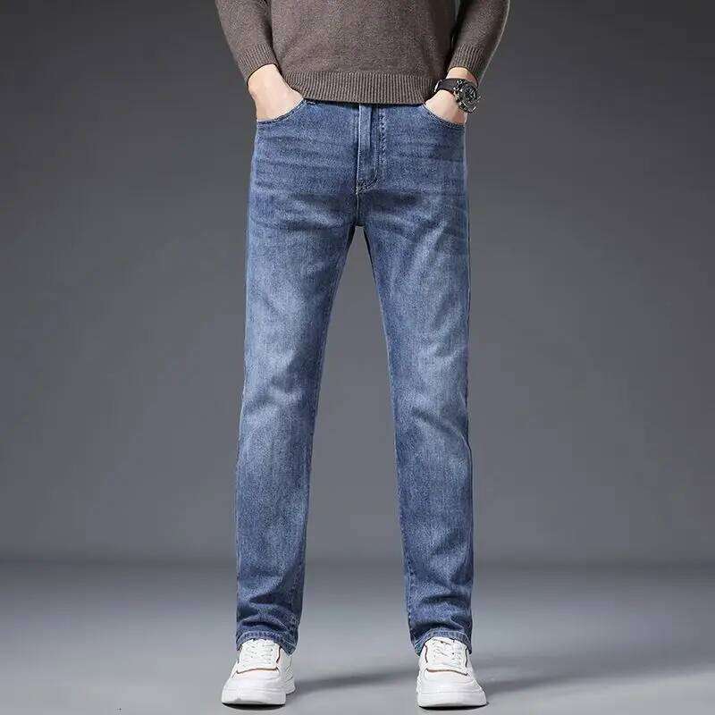 Korean Fashion Men's Soft Stretch Slim Fit Jeans Business Casual Straight Denim Pants Classic Brand Washed Blue Gray Trousers 26Y0312