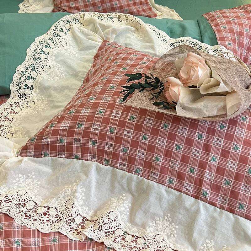 Vintage Plaid Pure Cotton double-layer yarn four-piece set French lace Bedding Set Duvet Cover Pillowcases Flat/Fitted Bed Sheet H260312