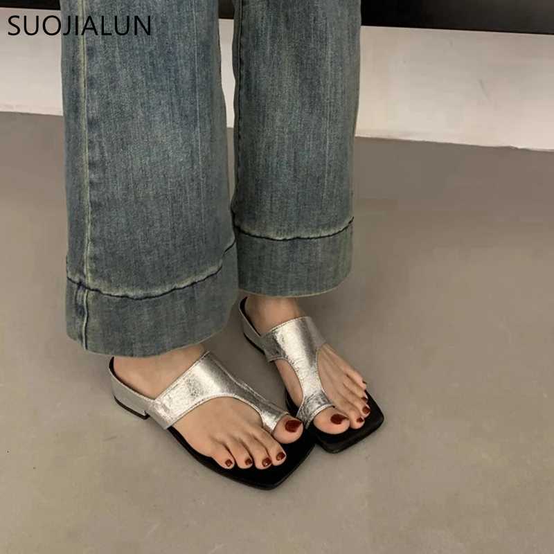 SUOJIALUN 2024 Summer New Women Slipper Fashion Gold Ladies Elegant Slides Square Low Heel Dress Casual Flip Flops Shoes K260312