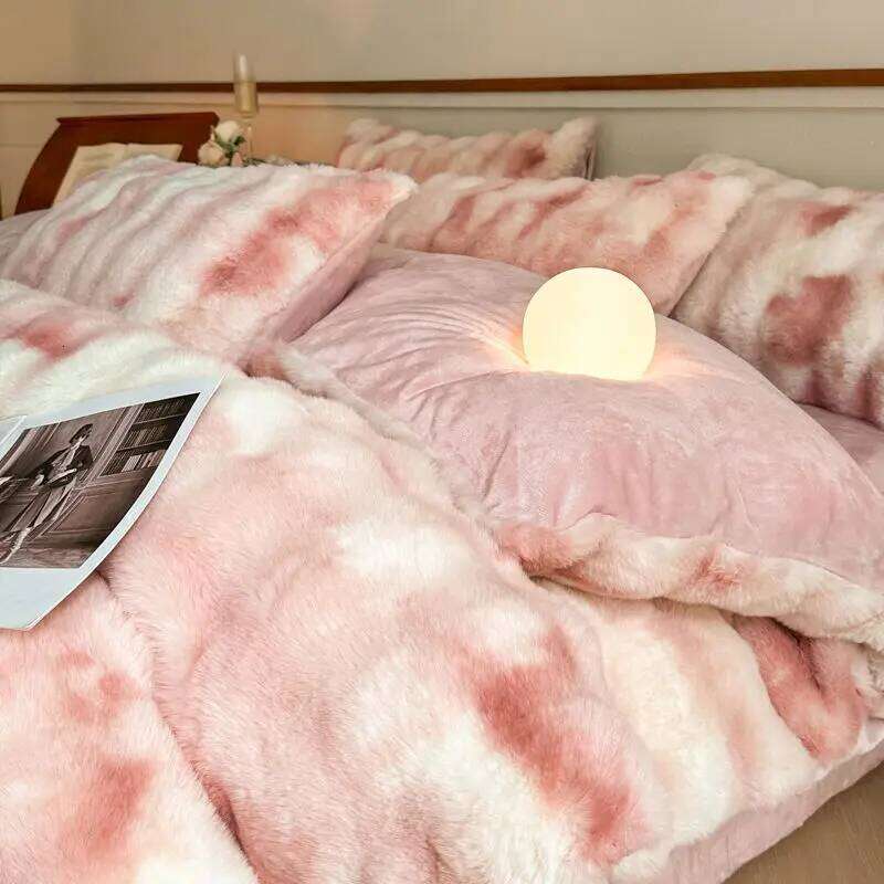 4pc Winter Sheet Warm Milk Rabbit Velvet Duvet Cover Thickened Double-sided Flannel Bed Blanket Coral Bedding Set H260312