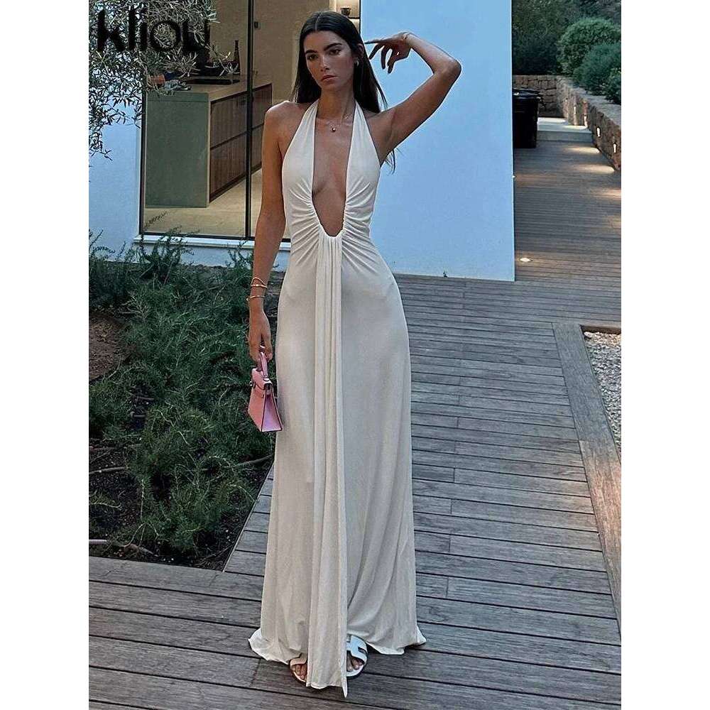 kliou Halter Shirring Women Maxi Dress Classic Solid Low Neck Backless Elegant Simple Robe Female High Street Vacation Vestidos C260312