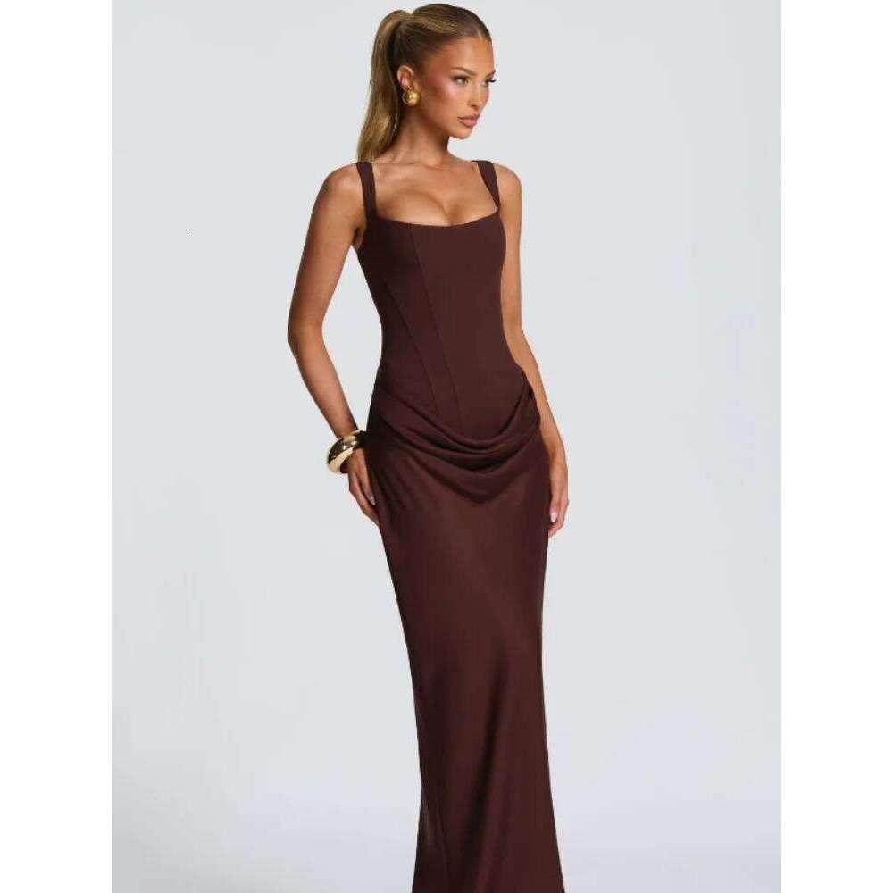 Women Solid Pleated Sling Dress Sexy Square Neck Sleeveless Off-shoulder Waist Cinching Slim Dresses Lady Evening Party Gowns C260312