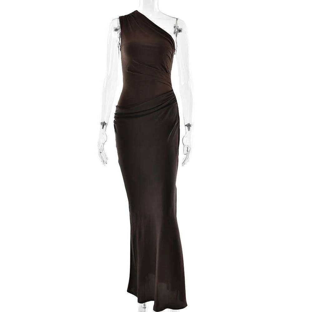 JULISSA MO Patchwork Satin Sexy One Shoulder Women Maxi Brown Sleeveless Evening Dress Summer Slim Elegant Party Clubwear C260312