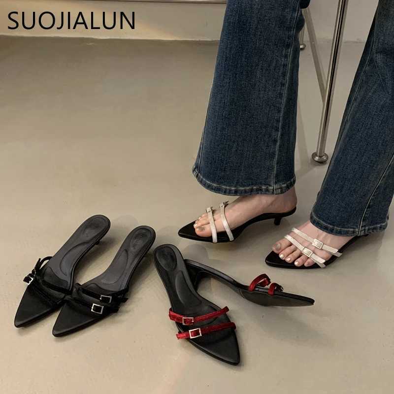 SUOJIALUN 2025 Summer New Women Slipper Fashion Narrow Band Ladies Elegant Slides Thin Low Heel Outdoor Dress Sandal Pumps Shoes K260312
