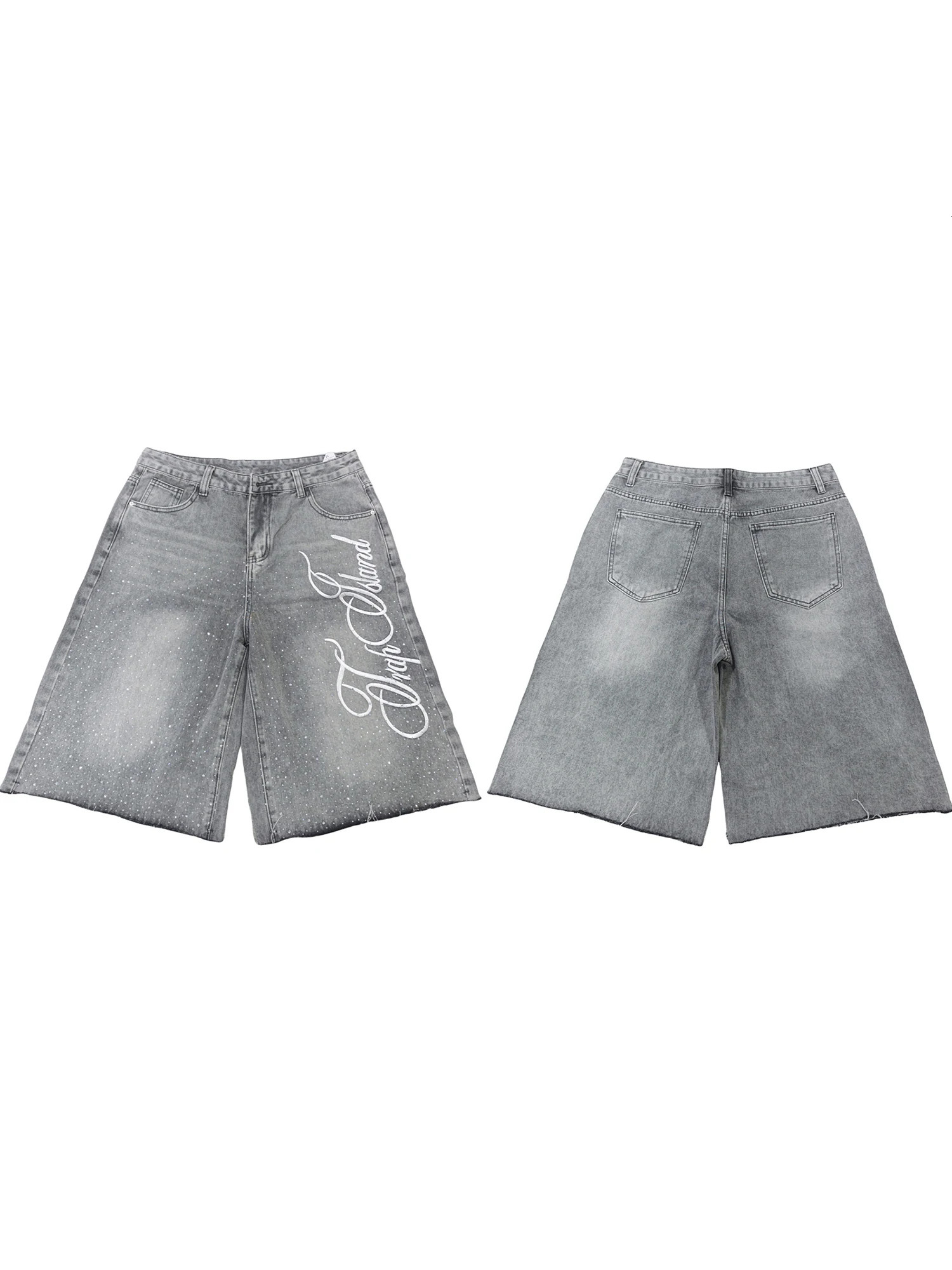 Men s Stylish Knee-Length Denim Shorts with Embroidered and Rhinestone Detailing for Summer Casual Wear 260310