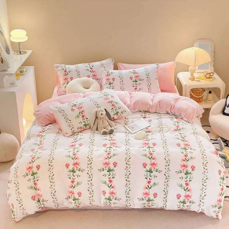 Super soft flannel double-sided bed sheet large coral fleece duvet cover thick warm velvet plush 4-piece set H260312