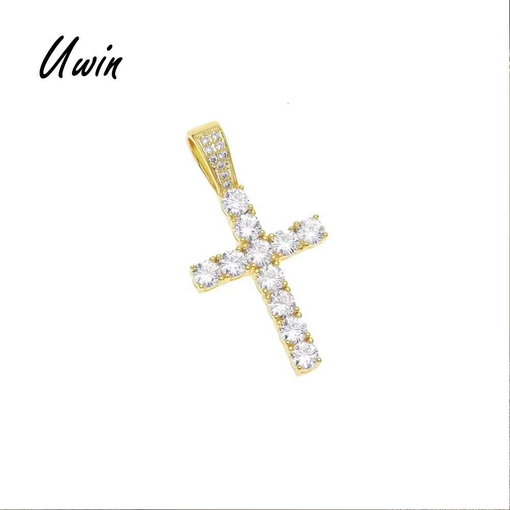 UWIN Wholesale 18K Real Gold Plated Diamond 5A Moissanite Cross Pendant White Gold Plated Bling Cubic MoissaniteVVSia Cross Charm Jewelry