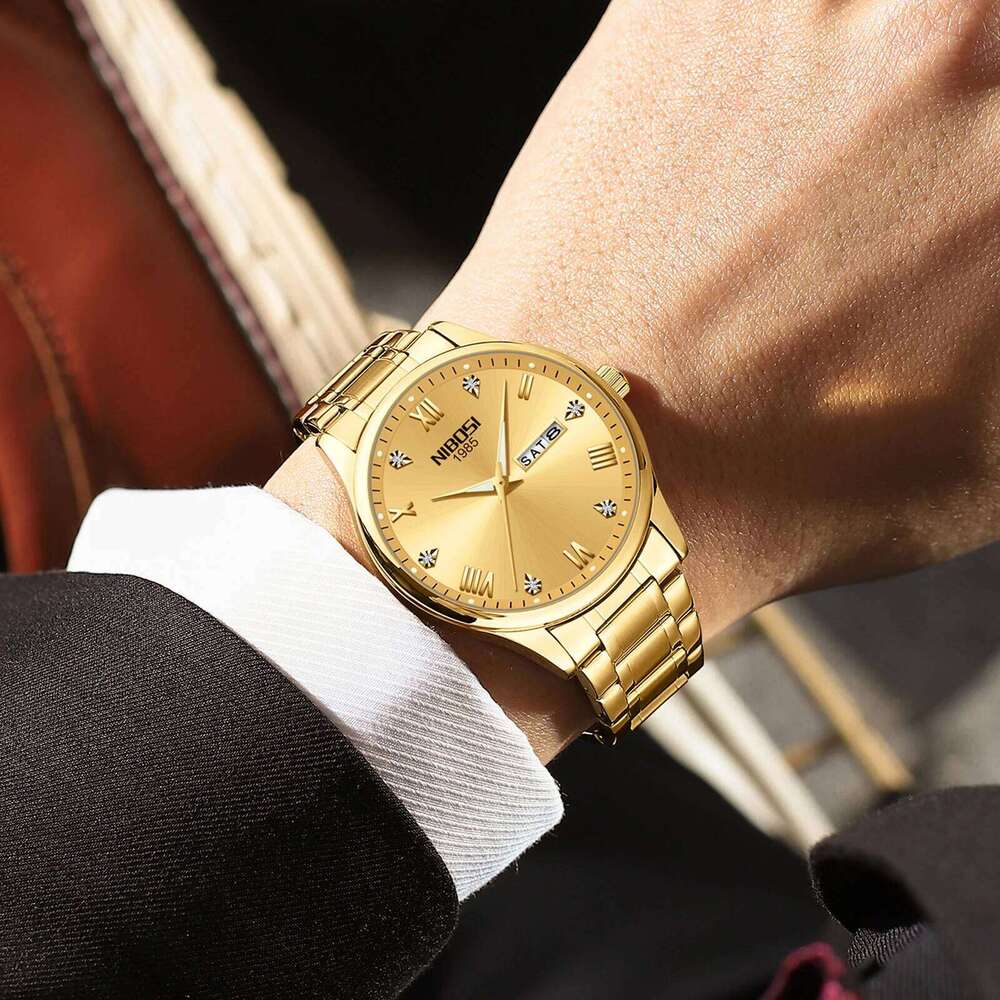 NIBOSI Gold Watches for Men Top Brand Luxury Week Day Display Men's Watch Business Waterproof Stainless Steel Sports Wristwatch