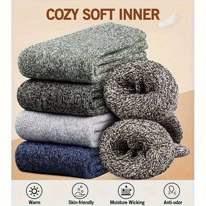 3 Pairs Men's Winter Warm Thick Towel Mid-Calf Socks, Anti-Cold Snow Boots Socks Elastic Solid Color Z260312