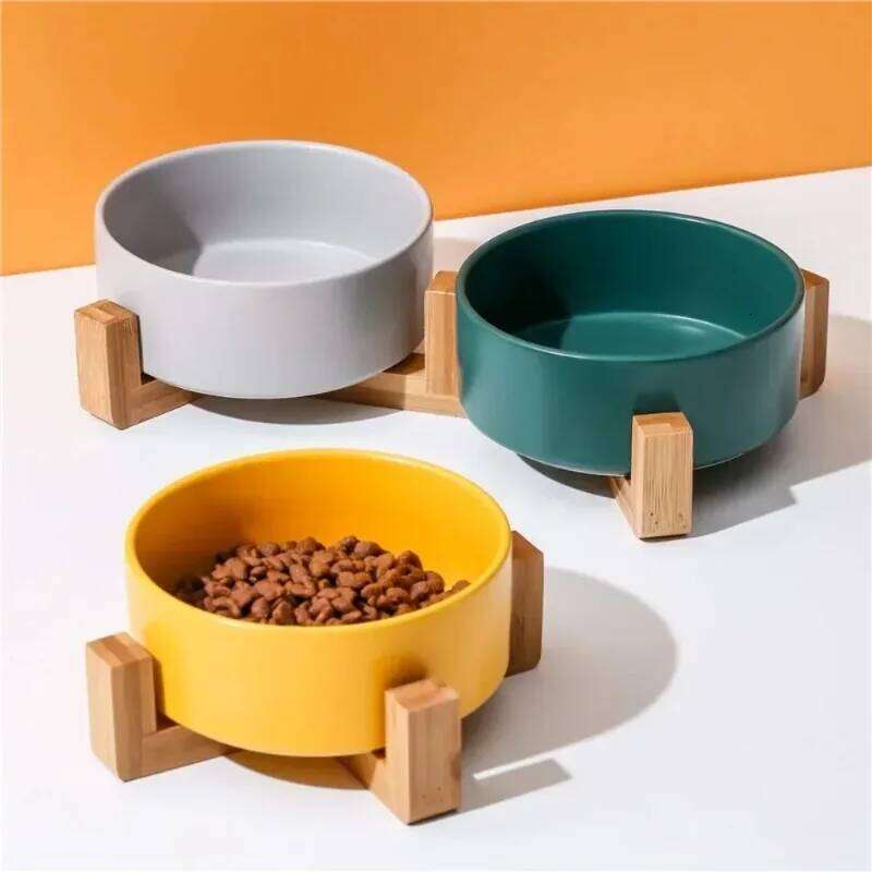 Double Pet Bowl Integrated Wooden Stand Elevated Dog Cat Feeder Cervical Spine Protection Hygienic Food Water Dish Set 26Y0312