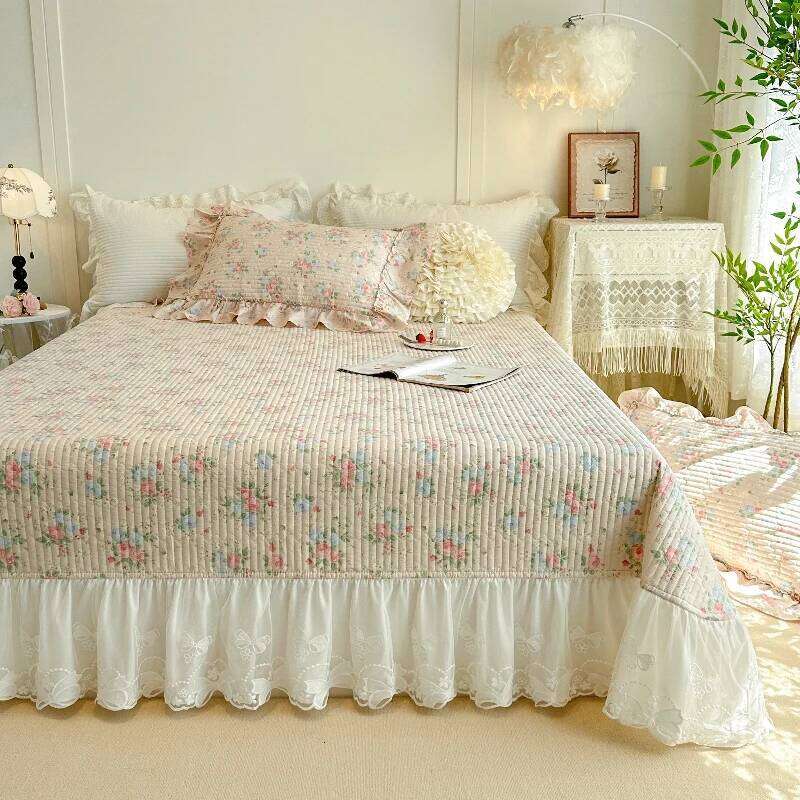 AI WINSURE-Romantic Cotton Duvet Cover Set, Double Bed, Lace Ruffle Bedspread, with 2 Pillowcases, Printed 4-Piece Set H260312