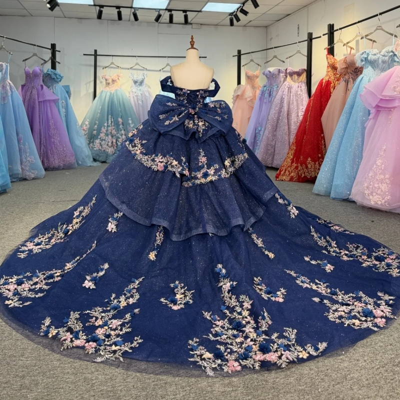 Navy Blue Shiny Ball Gown Quinceanera Dresses 2026 Applique Flower Beading Crystal Bow Tull Corset Off Shoulder Sweet 16 Dress Vestidos De 15 Anos