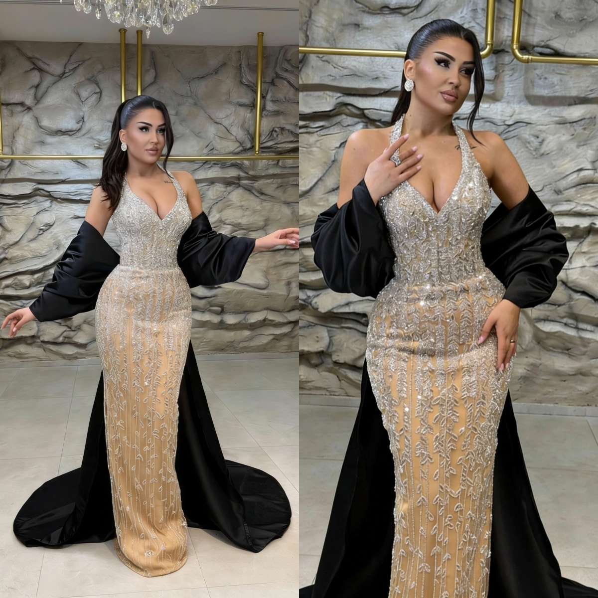 Classic Evening Dresses For Women Halter Neck Sleeveless Wrap Gown Sequins Lace Floor Length Dress Party Customized Dress