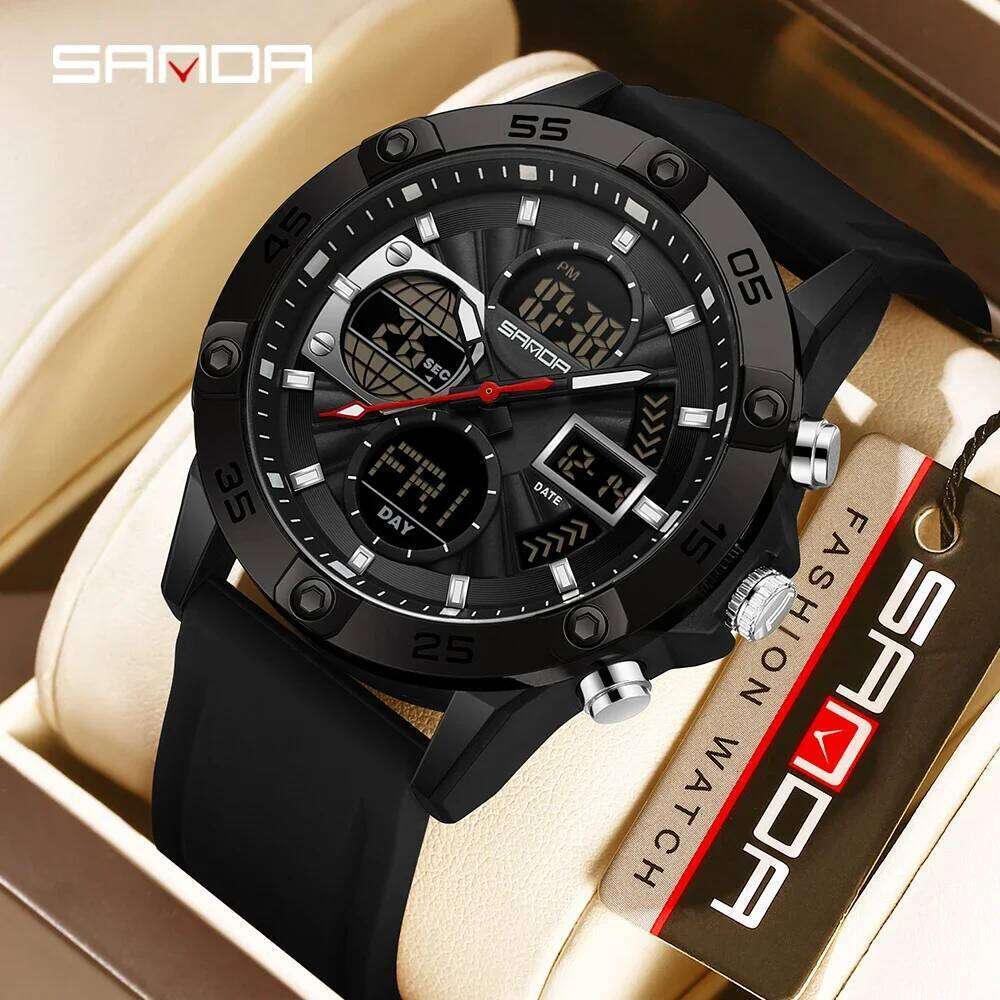 SANDA new 6239 fashionable men's sports watch with displays and dual movements, multifunctional 5ATM waterproof gift
