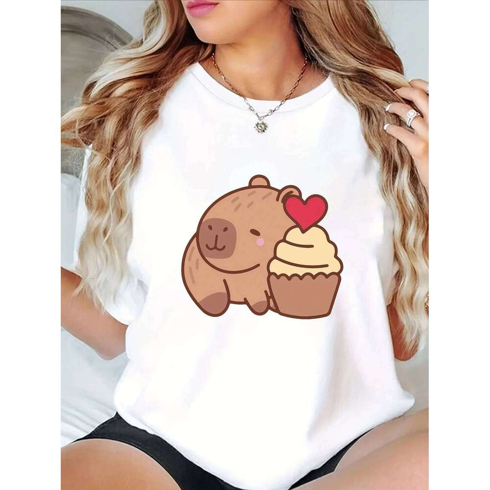 Cute Capybara Graphic Print T-shirt Girl Cartoon Unisex Tops Short Sleeve Streetwear Men Women Crew Neck Tees Female Z260312