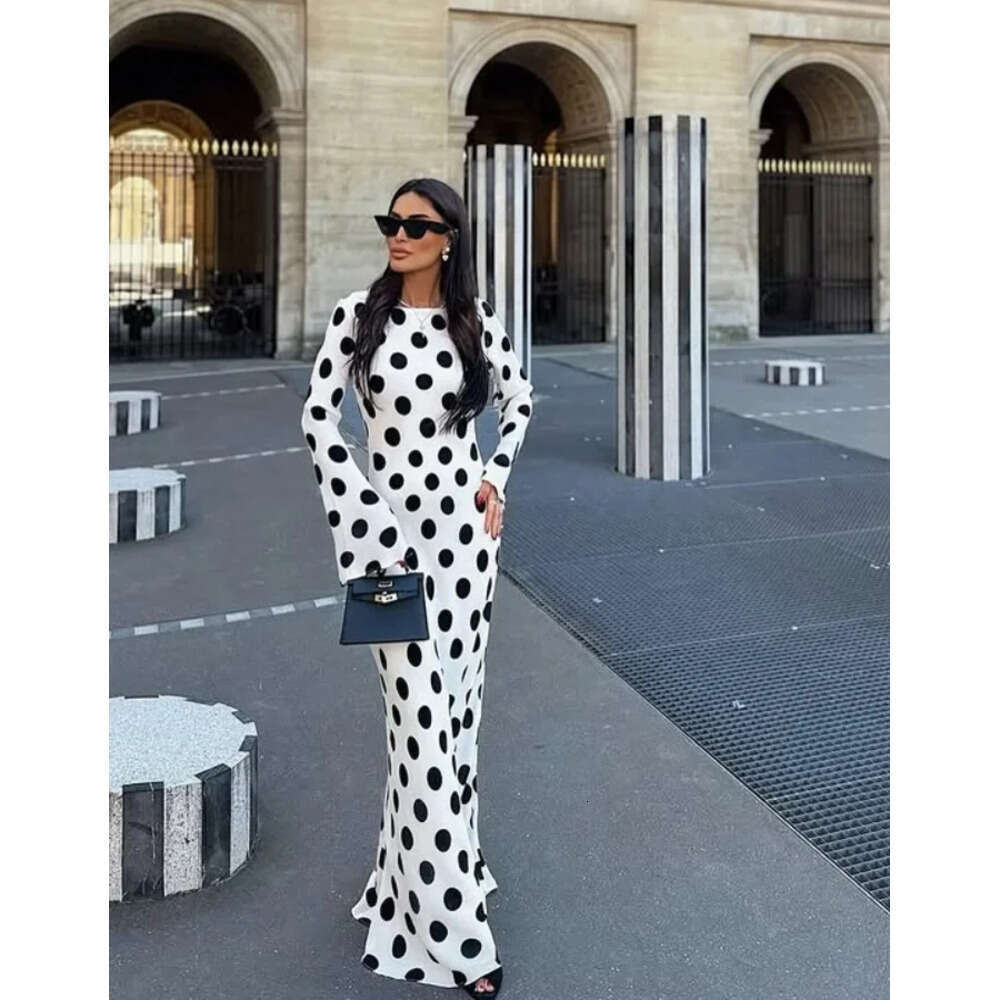 Fashion Polka Dot Dress Women's Slim Long Sleeve O-neck High-Waisted Floor-Length Dresses 2025 Spring Summer New Bohemian Robe C260312