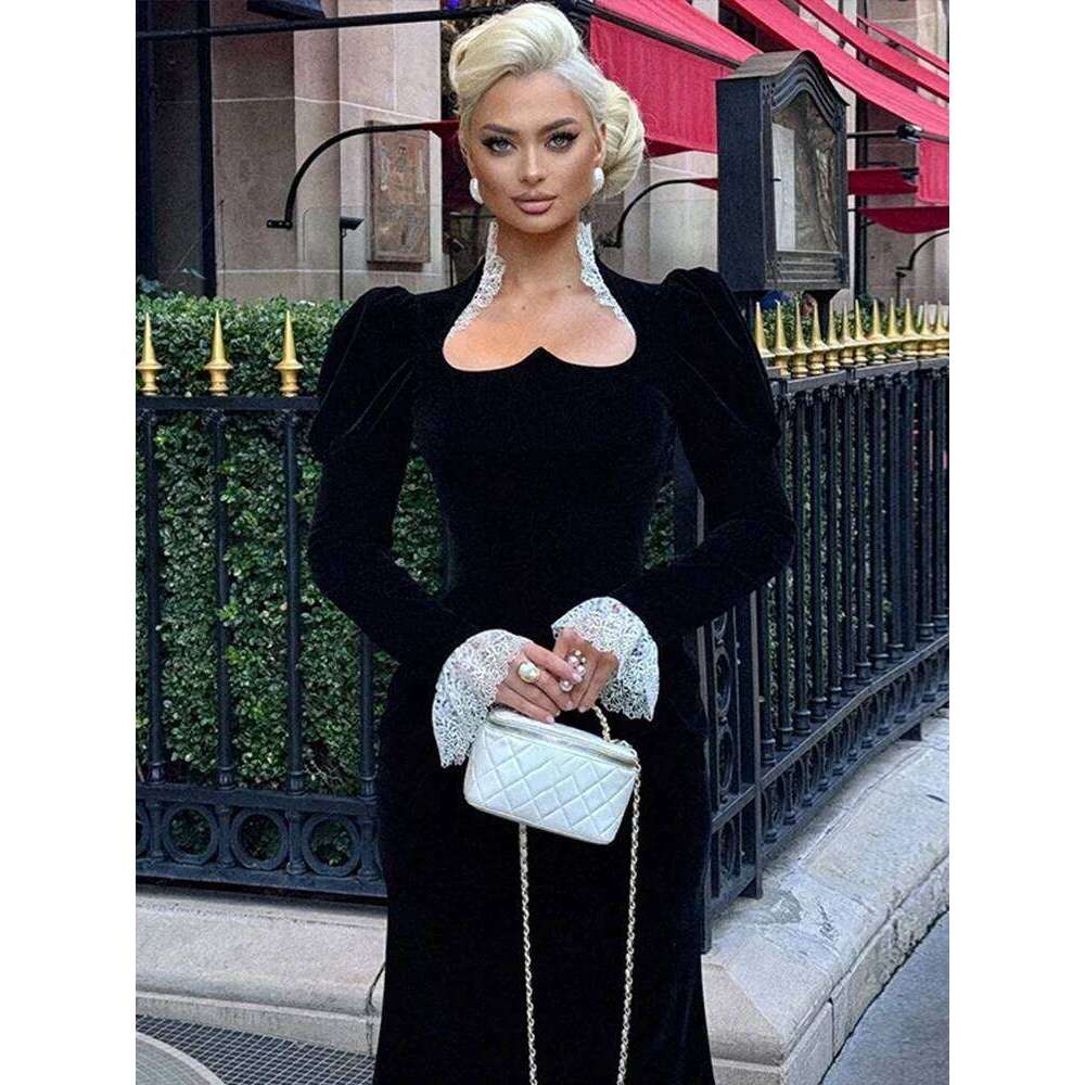 Elegant Velvet Women Long Dresses Fashion Square Collar Full Patchwork Slim Dress Female Spring Puff Sleeve Ladies Robe C260312