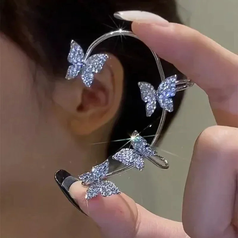 Clip Earrings Silver Color Metal Butterfly Ear Without Piercing for Women Sparkling Zircon Cuff Wedding Fashion Jewelry 260309