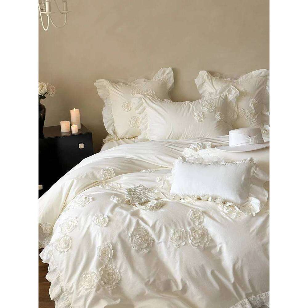 4Pcs French Princess Style 100% Cotton Solid Color Three-dimensional Rose Lace Bedding Duvet Cover 200x230 220x240 Four Seasons H260312