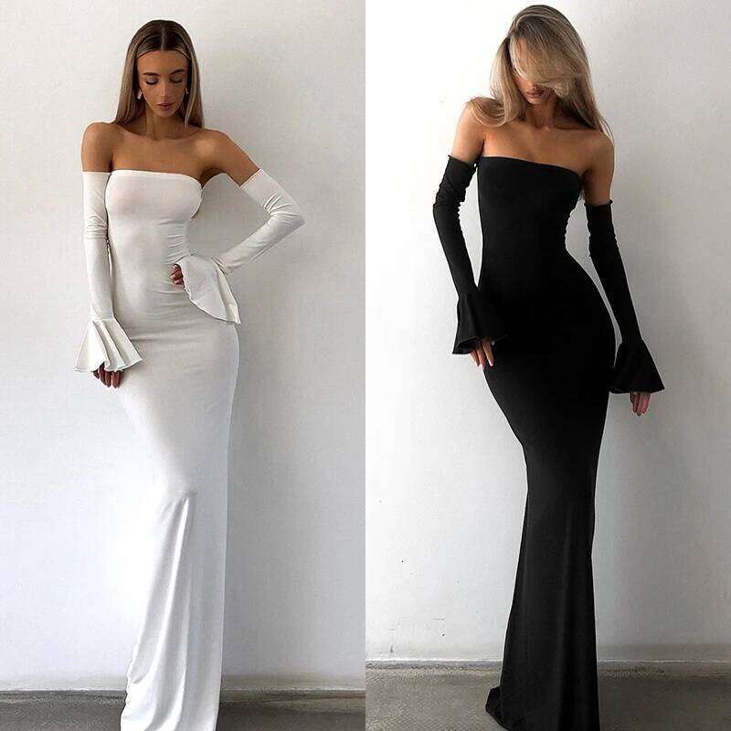Combhasaki Women's Vintage Elegant Strapless Backless Solid Color Slim Fit Bodycon Mermaid Long Dress with Flare Arm Sleeves C260312