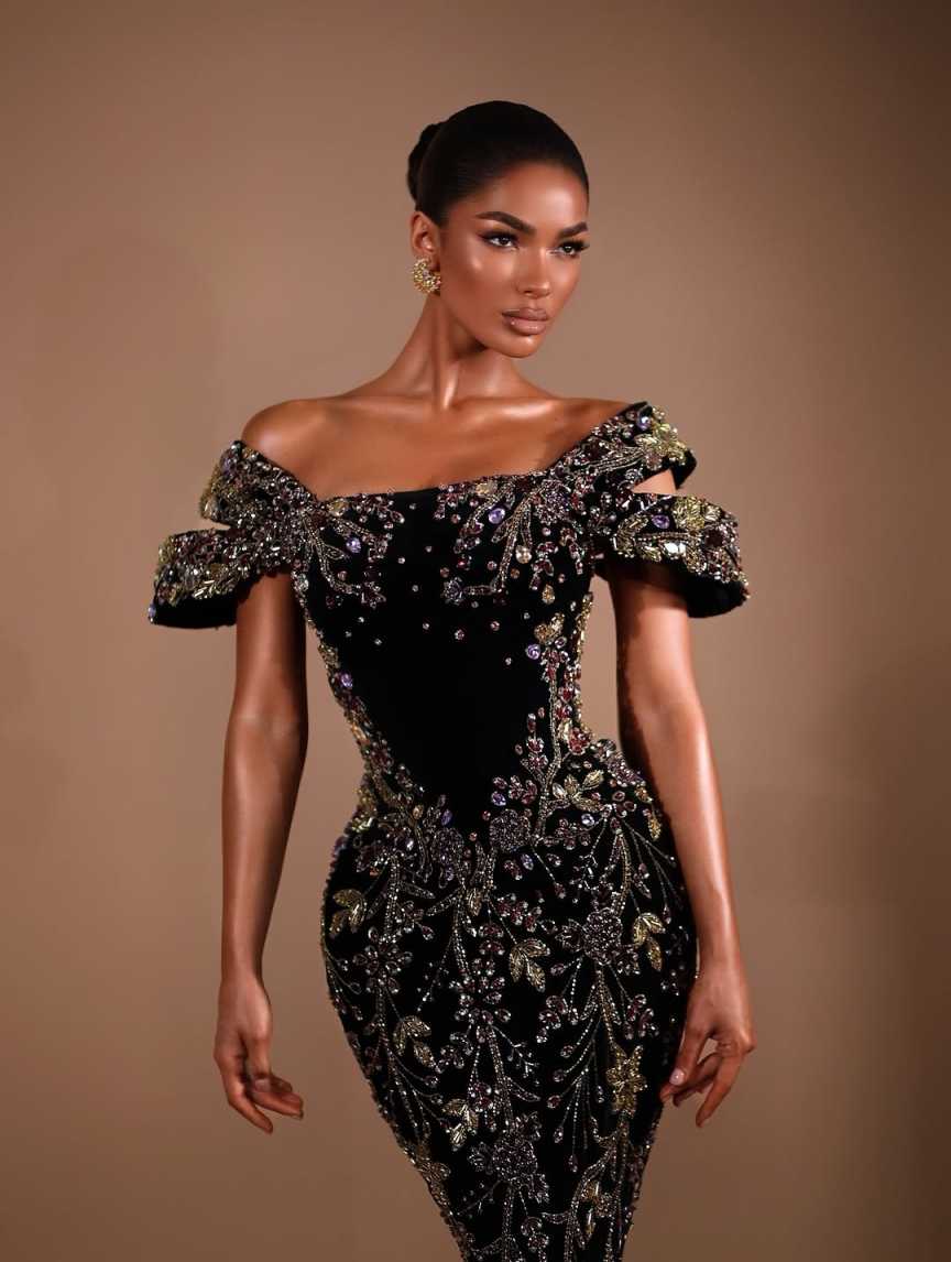 Black Sparkling Crystal Evening Dress With 3D Leaf Short Sleeve Mermaid Long Party Gown Customized Luxury Prom Dresses
