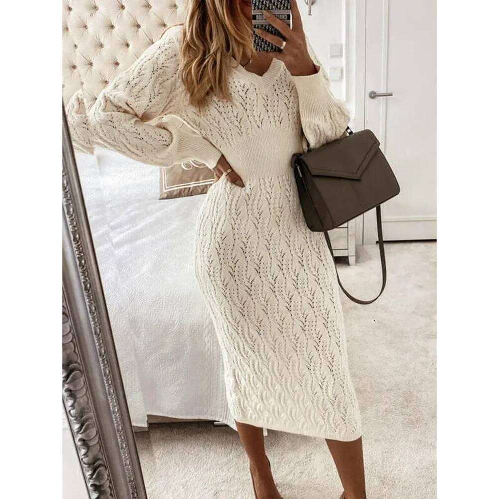 Autumn Women's New Warm Sleeved Knitted Shirt Sexy Slim Fit Hollow Out Hip Hugging Casual Comfortable Long Skirt C260312