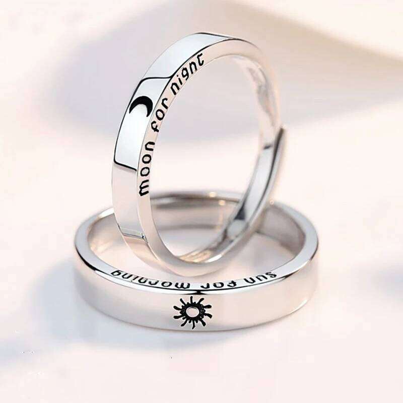2Pcs Silver Color Sun Moon Couple Rings For Women Romantic Day Night Letter Ring Lover Engagement Banquet Jewelry Dating Gift W260311