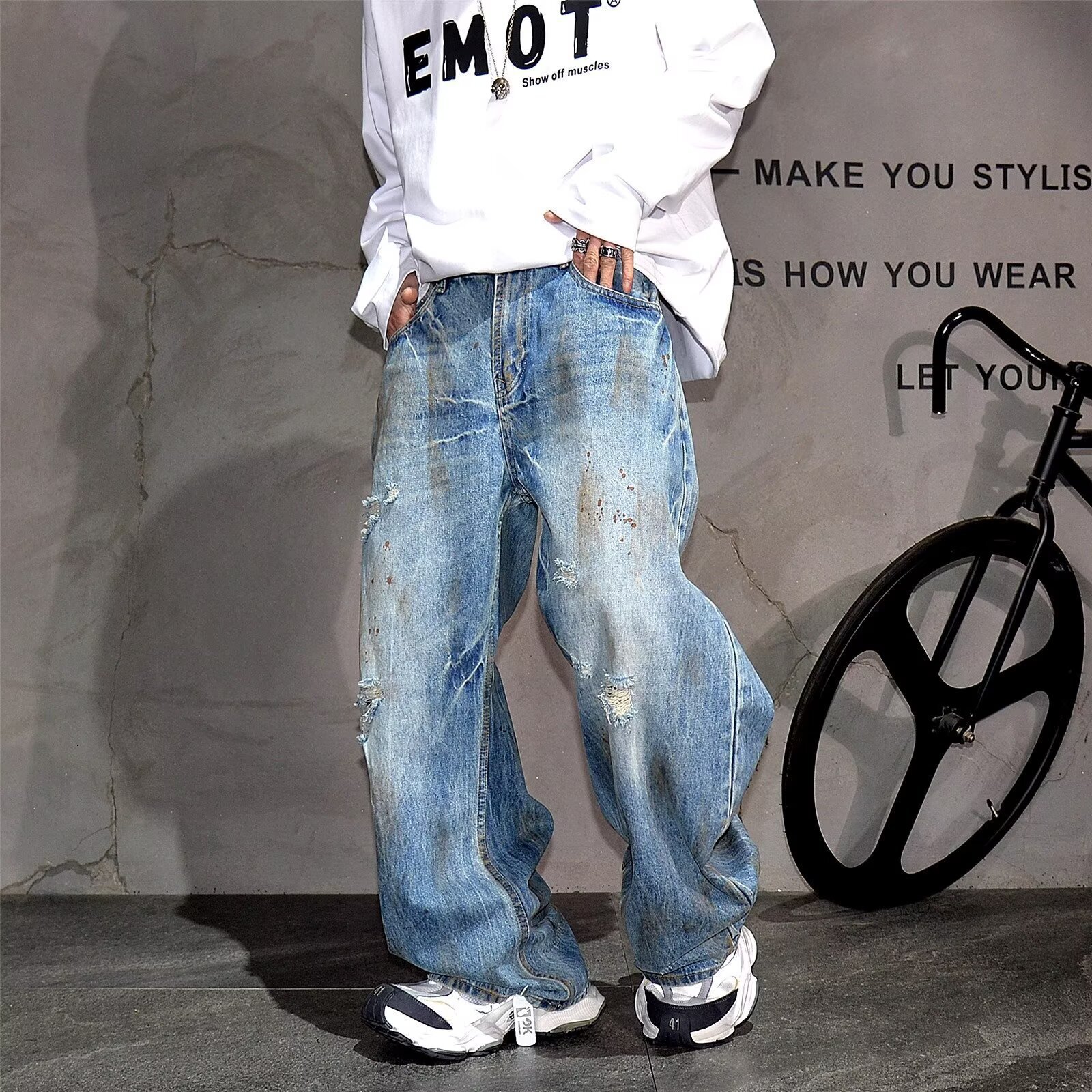 Summer New Trendy Retro High-end Washed Denim Loose Designer Pants Straight-leg Curved-cut Pants For Men
